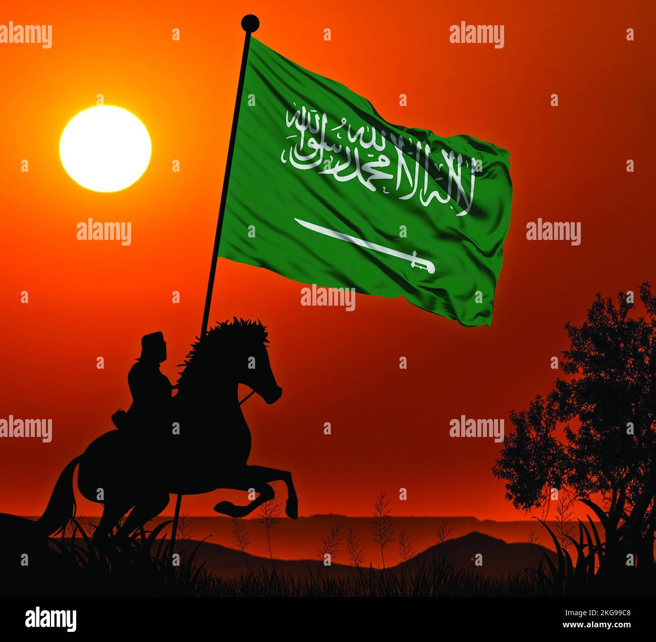 Saudi-Arabien Nationalflagge auf Etage 3D Rendering Stockfoto