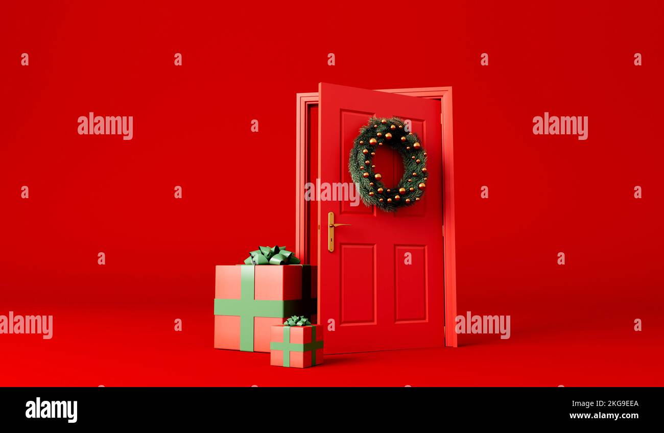 Weihnachten saisonalen Hintergrund. Geschenke und Geschenke an einer roten Haustür mit einem festlichen Kranz. 3D Rendering Stockfoto