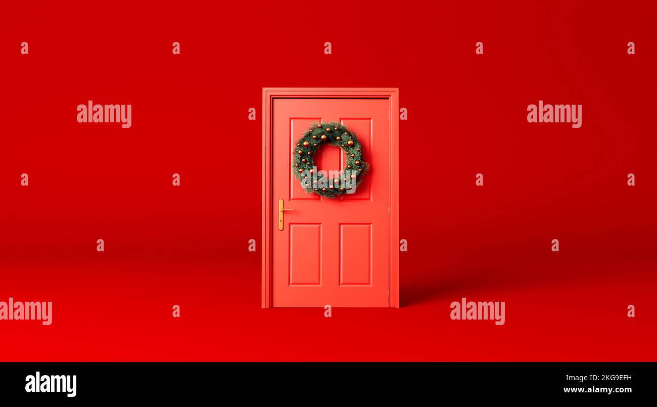 Festlicher weihnachtskranz aus Tannenzweigen an einer roten Haustür. 3D Rendering Stockfoto