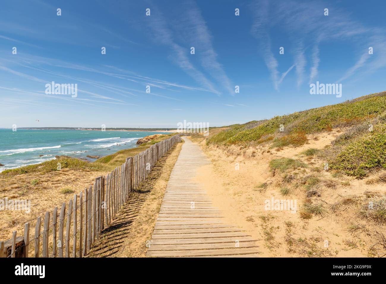 Blick auf den Strand Pointe du Payre, Jard sur Mer, Frankreich an einem Sommertag, Vendée, Frankreich Stockfoto