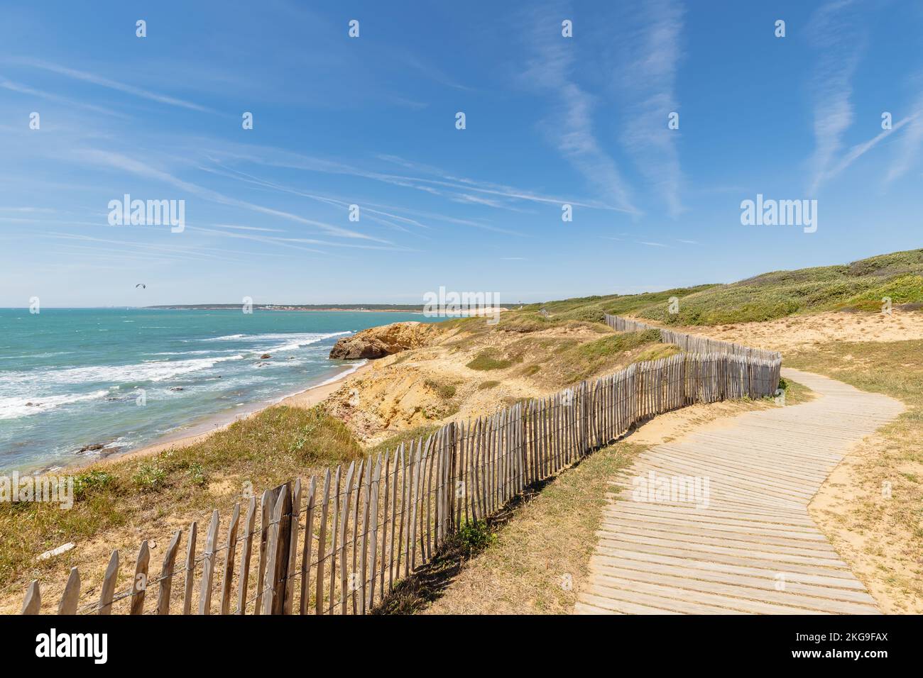 Blick auf den Strand Pointe du Payre, Jard sur Mer, Frankreich an einem Sommertag, Vendée, Frankreich Stockfoto