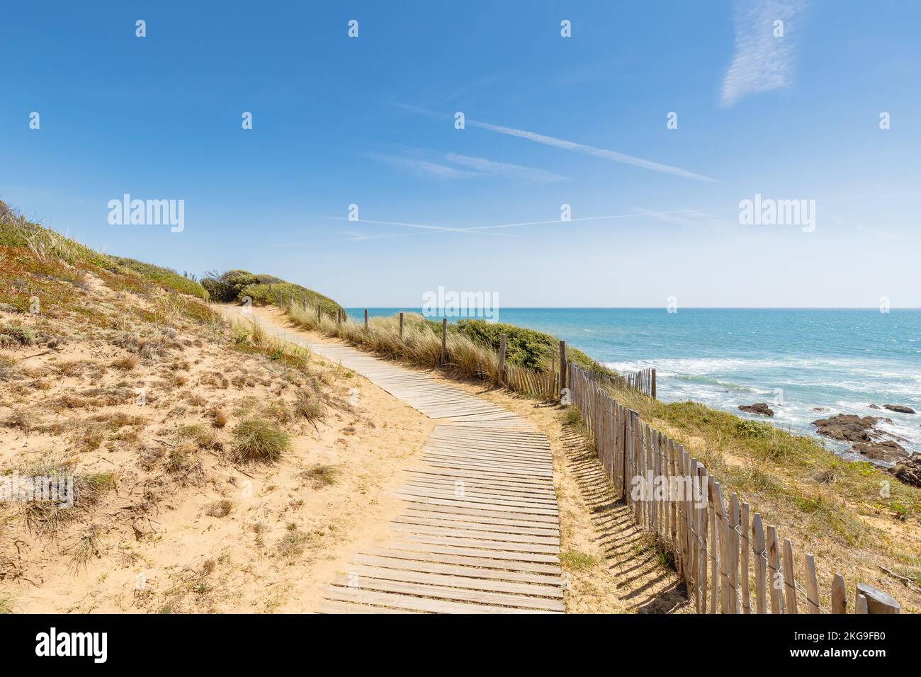 Blick auf den Strand Pointe du Payre, Jard sur Mer, Frankreich an einem Sommertag, Vendée, Frankreich Stockfoto