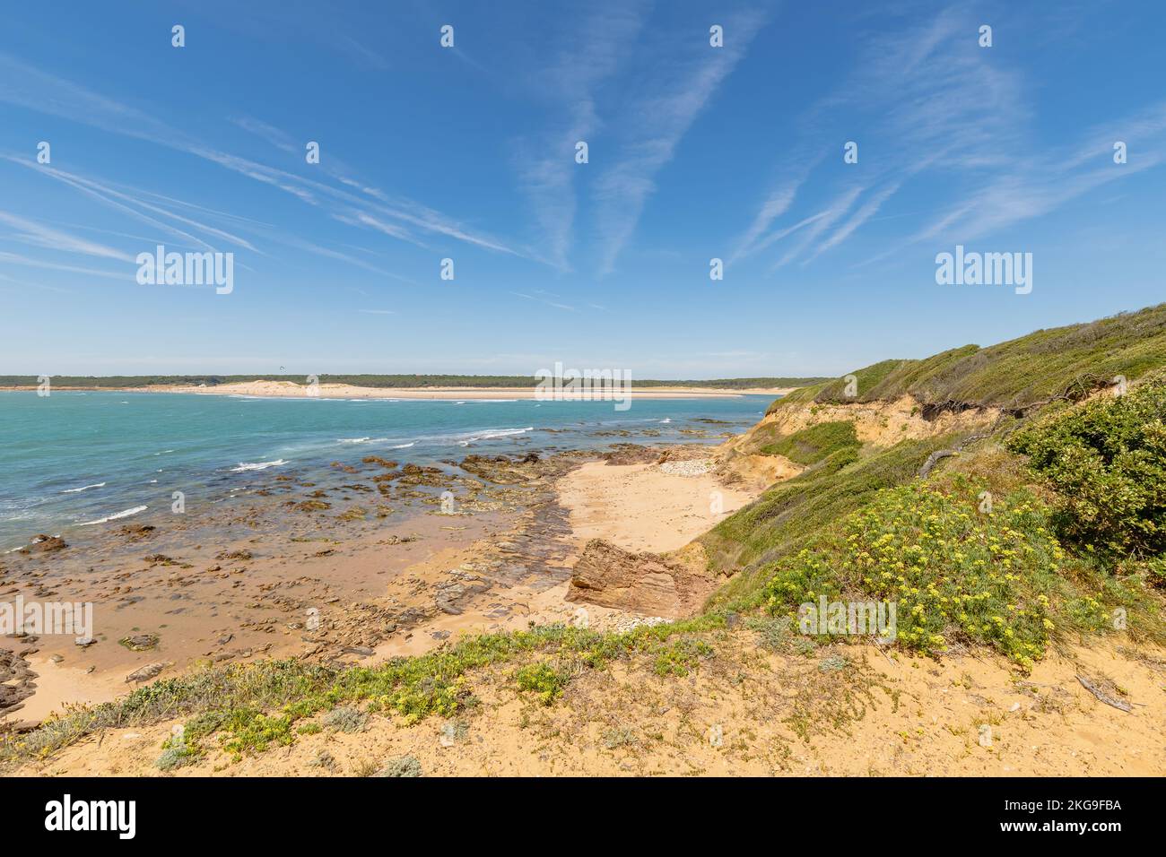Blick auf den Strand Pointe du Payre, Jard sur Mer, Frankreich an einem Sommertag, Vendée, Frankreich Stockfoto