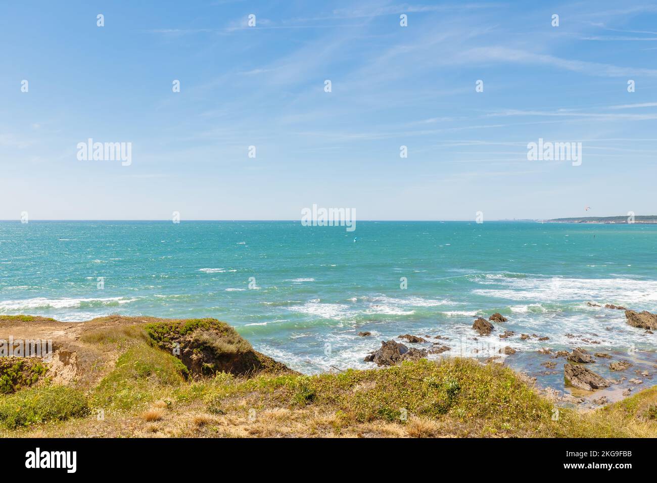 Blick auf den Strand Pointe du Payre, Jard sur Mer, Frankreich an einem Sommertag, Vendée, Frankreich Stockfoto