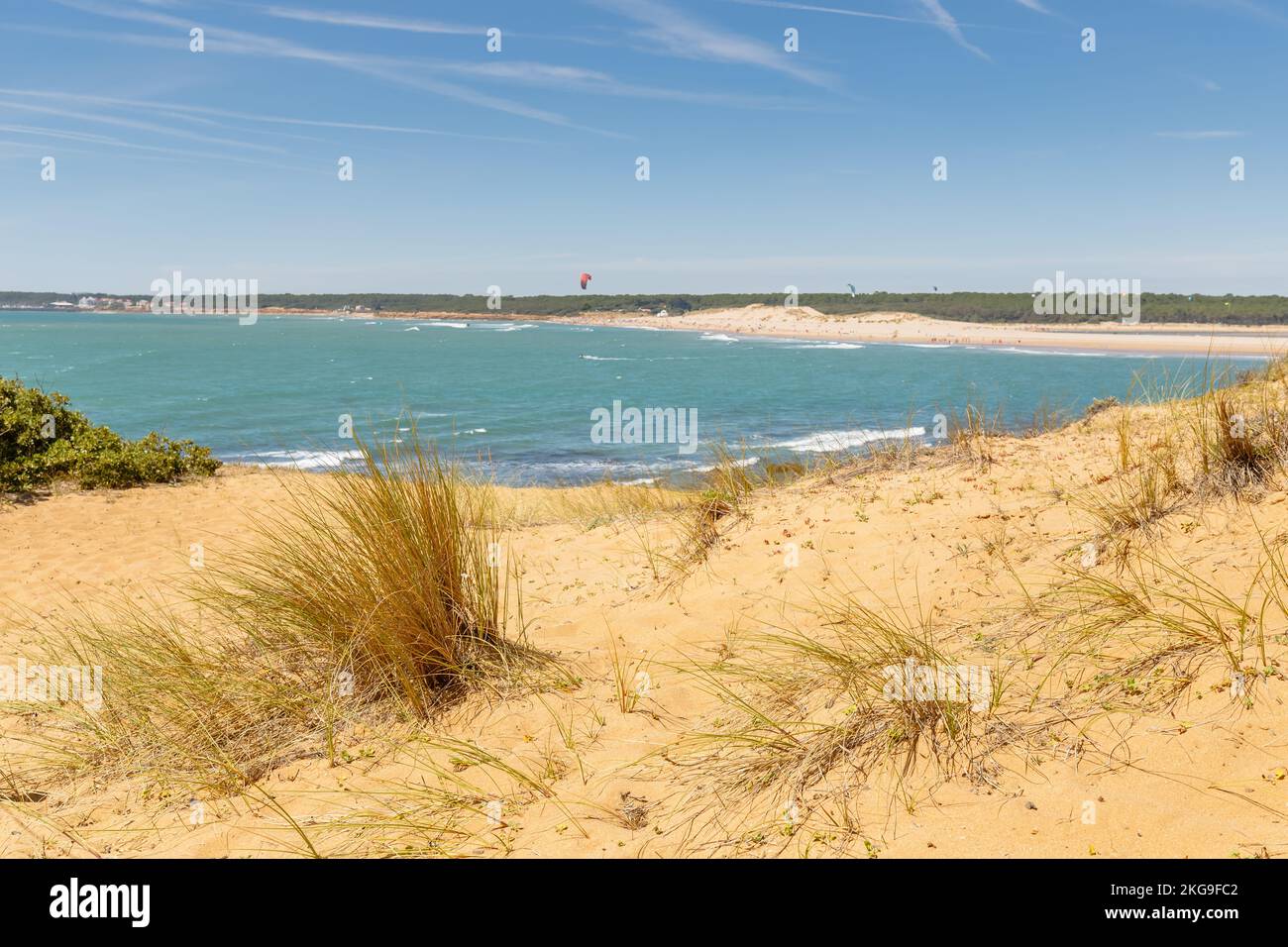 Blick auf den Strand Pointe du Payre, Jard sur Mer, Frankreich an einem Sommertag, Vendée, Frankreich Stockfoto