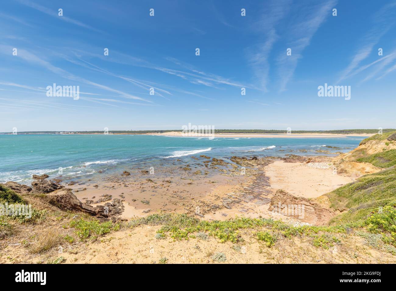 Blick auf den Strand Pointe du Payre, Jard sur Mer, Frankreich an einem Sommertag, Vendée, Frankreich Stockfoto