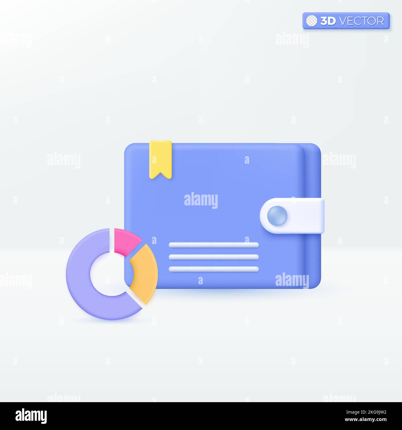 Symbole für Brieftasche und Kreisdiagramm. Geldbörse, Tasche, Investition, Finanzierung, Geld Cashback-Konzept. 3D Vektor isoliertes Illustrationsdesign. Cartoon Pastell M Stock Vektor