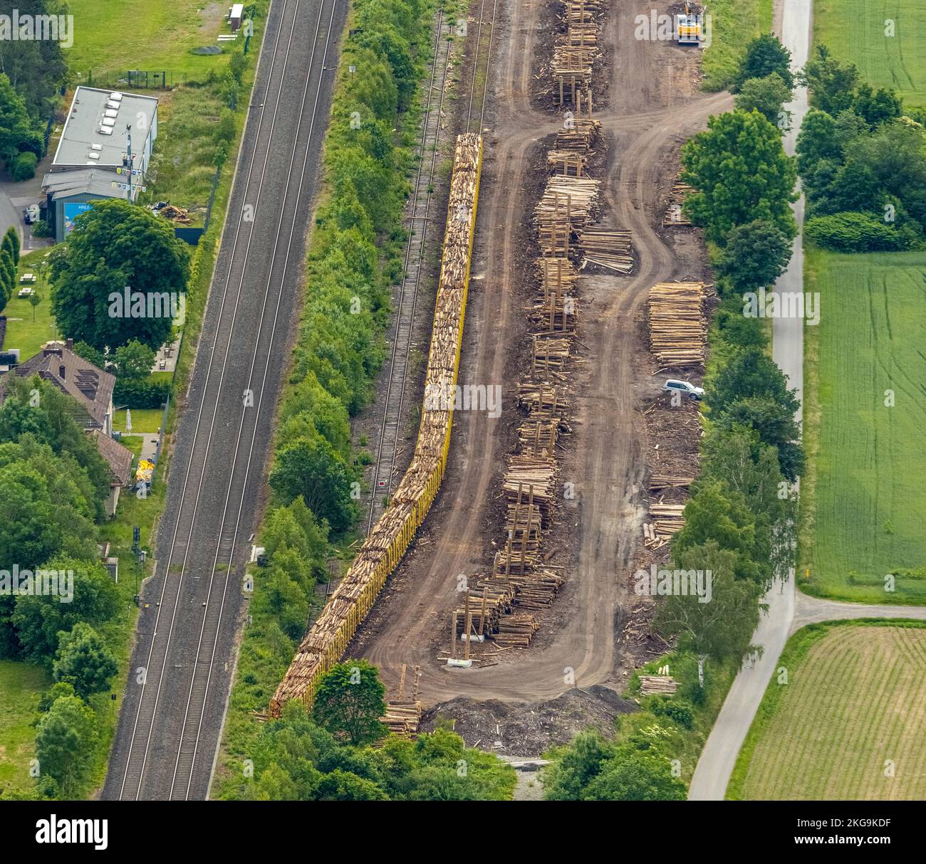 Luftaufnahme, Sägewerk Hüster, Holzverladestelle auf der Eisenbahnlinie im Ruhrtal, Neubau 4 Häuser Südstraße, Wennemen, Meschede, Sauerland, Stockfoto