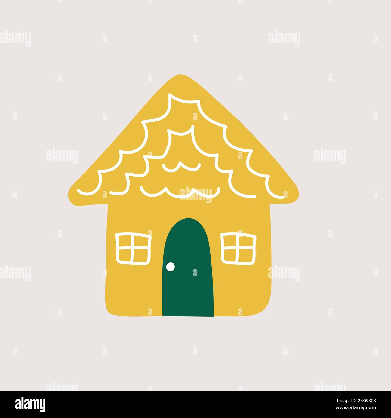 Gemütliches gelbes Winterhaus auf grauem Hintergrund. Niedliche handgezeichnete Vektor-Illustration für Grußkarte, Einladung Stock Vektor