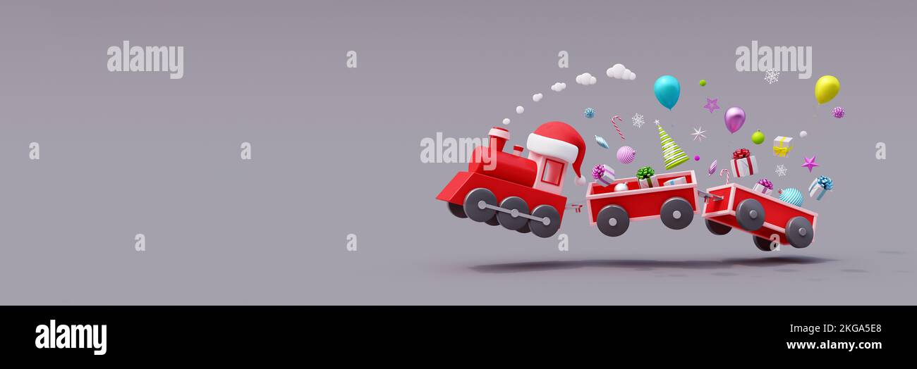 Roter Zug und Wagen springen mit Geschenken und Weihnachtsdekorationen auf grauem Hintergrund. Winterferien Konzept 3D Darstellung von 3D Stockfoto