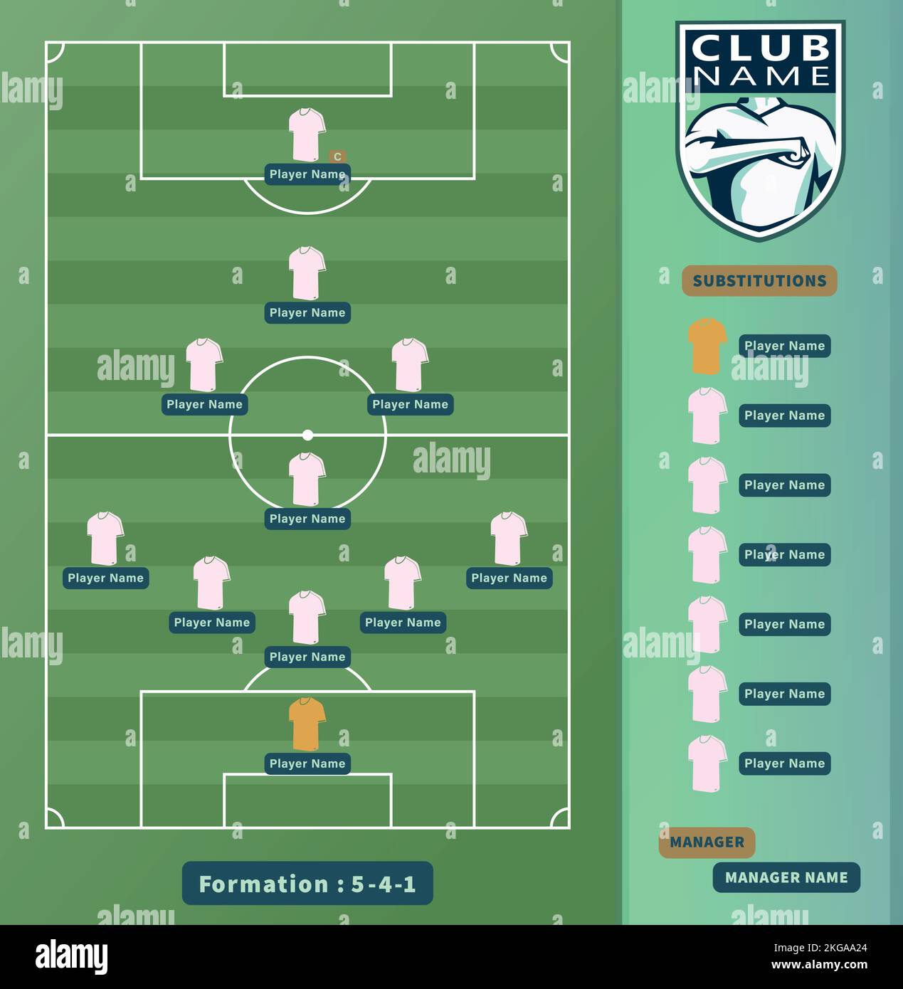 Eine Vektordarstellung von Fußballspielern 5-4-1 Variationsbildungsschema auf einem Fußballfeld Stock Vektor