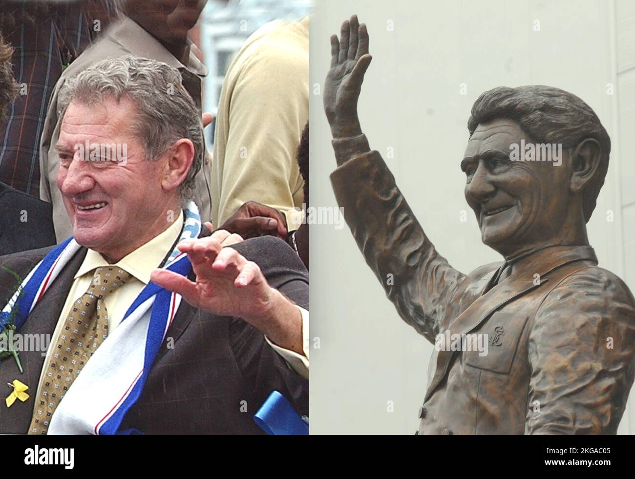 DIE NEU ENTHÜLLTE STATUE DES EX SOUTHAMPTON MANAGERS TED BATES AUF DER ST. MARY'S STADIUM SIEHT AUS WIE DER EHEMALIGE VORSITZENDE DER ERZRIVALEN PORTSMOUTH MILAN MANDARIC PIC MIKE WALKER, 2007 Stockfoto