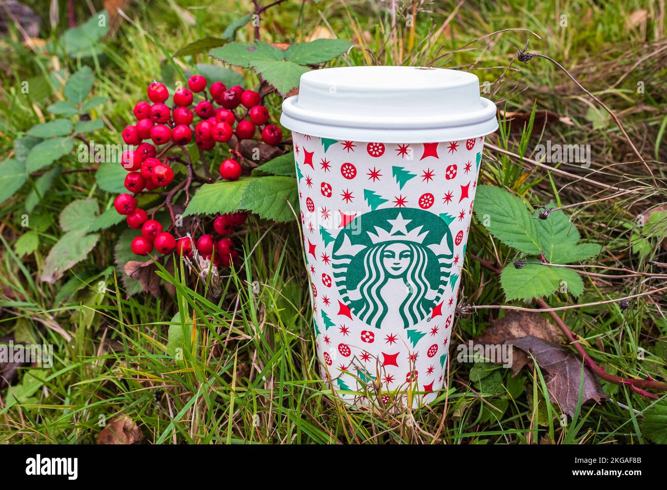 Ein hoher Starbucks Kaffee mit grünem, natürlichem Hintergrund. Starbucks ist mit über 20.000 Coffee Houses in 61 Ländern das größte Coffee House der Welt. Nachhaltigkeit Stockfoto