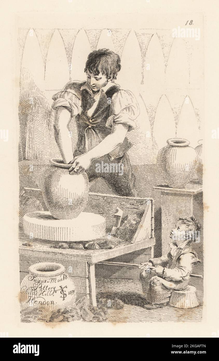 Ein Töpfer macht eine Zuckerform, während ein Junge das Rad dreht. Die Formen werden von Zuckerbäckern zur Herstellung von Zuckerbroten verwendet. Aus dem Leben einer Zuckermolz-Töpferei in Child's Hill, Hendon, in der Nähe von Hampstead Heath, 1819. Kupferstich gezeichnet und gestochen von John Thomas Smith aus seinem eigenen The Cries of London, oder Vagabondiana 2, herausgegeben von Francis Douce, John Bowyer Nichols, London, 1839. Stockfoto