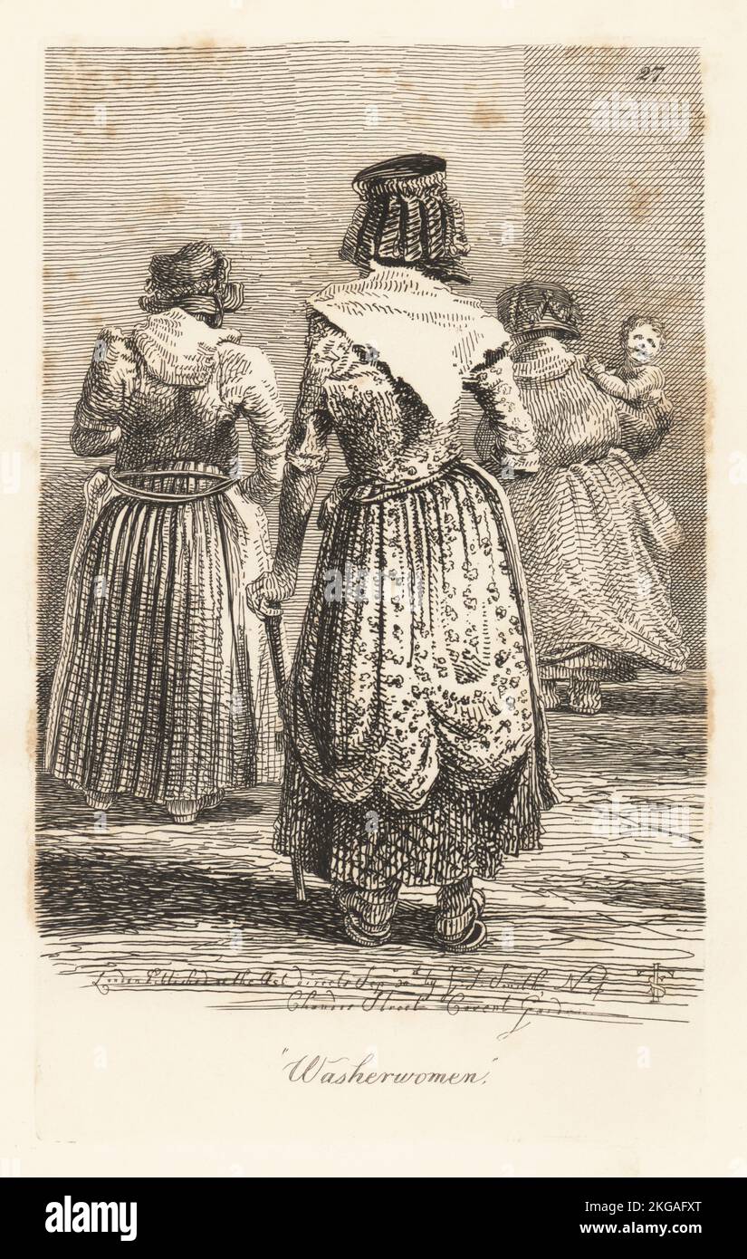 Wäscherin, Char-Frau und Straßenschwester auf der Charles Street, Covent Garden. Rückansicht von Wäscherin und Char in Haube, Schal, Petticoats und Schürze, Krankenschwester mit Kind. Kupferstich aus dem Leben und gestochen von John Thomas Smith aus seinem eigenen The Cries of London, oder Vagabondiana 2, herausgegeben von Francis Douce, John Bowyer Nichols, London, 1839. Stockfoto