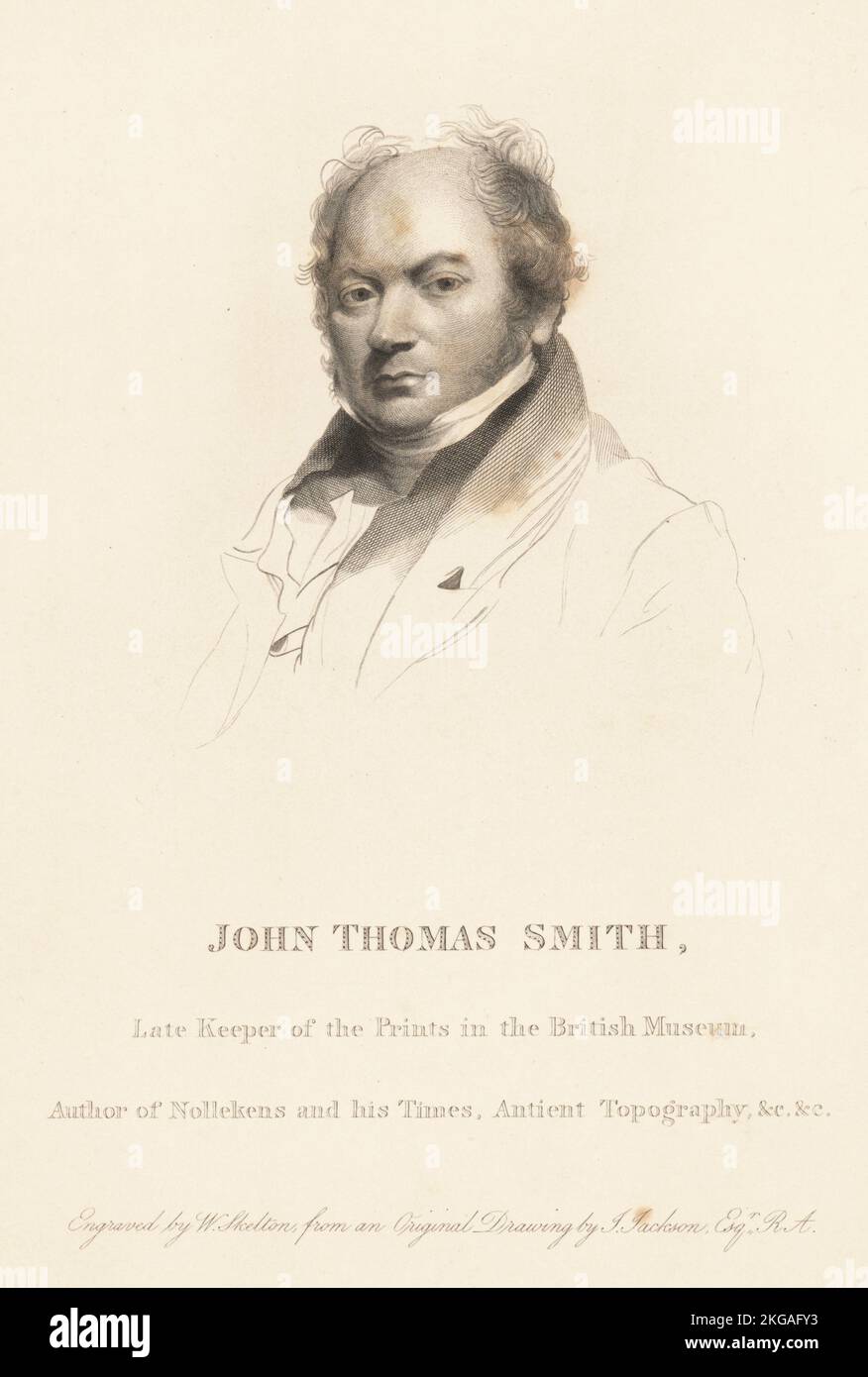 John Thomas Smith, verstorbener Hüter der Drucke im British Museum, Autor von Vagabondia, Nollekens and His Times, Antient Topography, 1766-1833. Kupferstich von William Skelton nach einem Porträt von John Jackson aus John Thomas Smiths The Cries of London, oder Vagabondiana 2, herausgegeben von Francis Douce, John Bowyer Nichols, London, 1839. Stockfoto