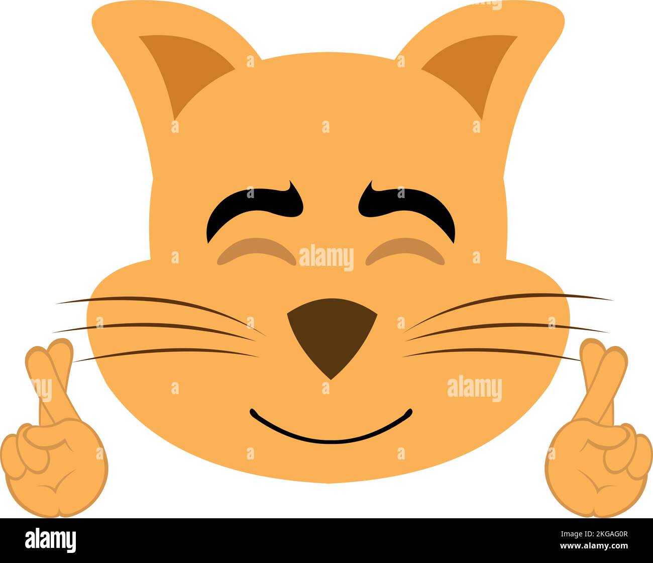 vektordarstellung des Gesichts einer Karikaturenkatze mit einem fröhlichen Ausdruck, der die Finger kreuzt. Als Glück oder Wunsch Stock Vektor