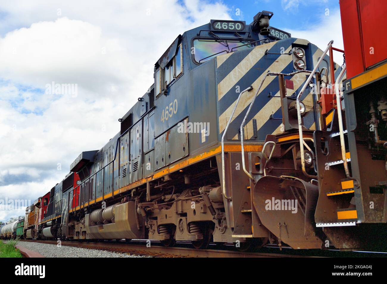 Hoffman Estates, Illinois, USA. Die Lokomotiven der Canadian National Railway fahren einen Güterzug durch den Nordosten von Illinois. Stockfoto