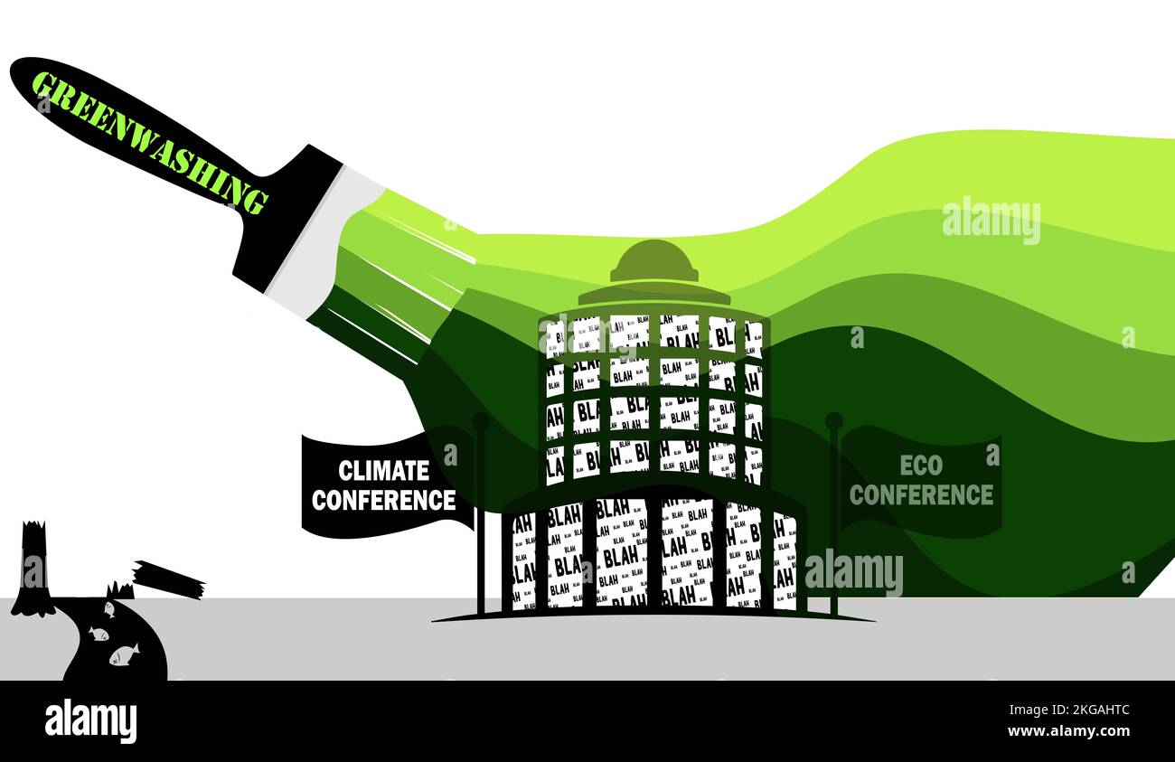 Grünes Waschen, umweltfreundliches Anstreichen der Konferenz mit einem grünen Pinsel Konzeptdarstellung, grünes Waschen Meetings Stockfoto