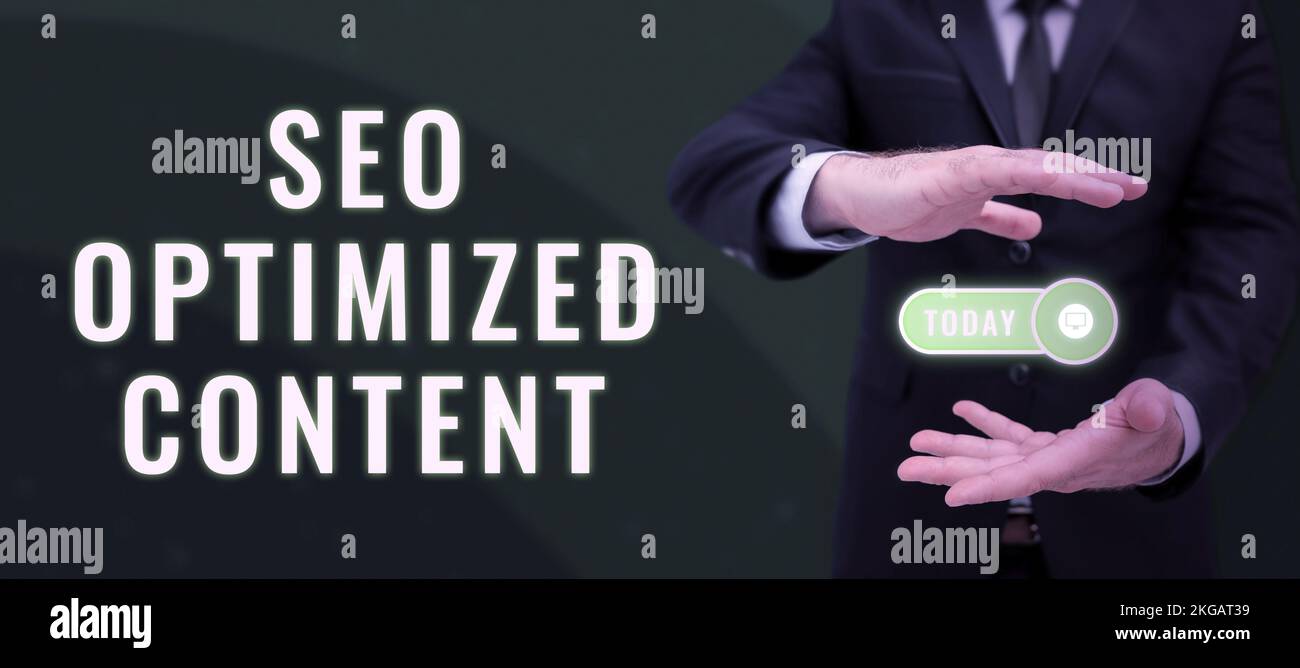 Handschriftlicher Text Seo-optimierter Inhalt. Geschäftsidee, die Website-Seiten für Suchmaschinen attraktiv macht Stockfoto
