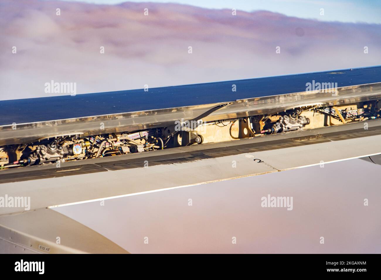 Der Flügel mit Klappen des Flugzeugs, die während der Landung arbeiten Stockfoto