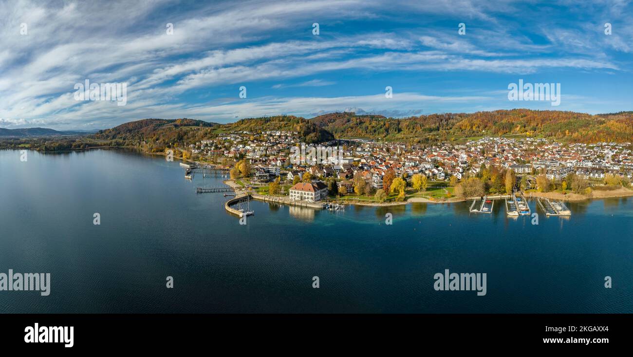 Bodensee, Überlinger See aus der Vogelperspektive mit der Gemeinde Bodman-Ludwigshafen, Hegau, Bezirk Constance, Baden-Württemberg, Deutschland, Eu Stockfoto