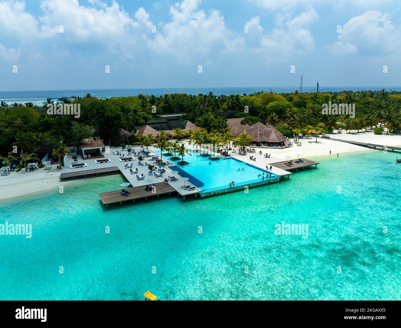 Luftaufnahme, Paradise Island mit Wasser Bungalows, Indischer Ozean, Lankanfushi, North Malé Atoll, Malediven, Asien Stockfoto