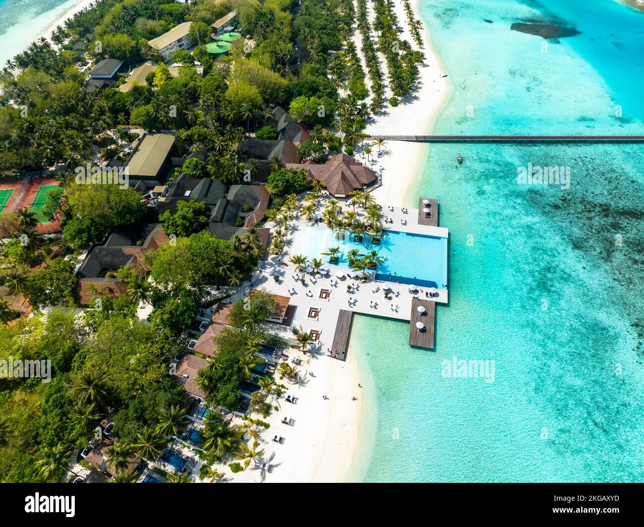 Luftaufnahme, Paradise Island mit Wasser Bungalows, Indischer Ozean, Lankanfushi, North Malé Atoll, Malediven, Asien Stockfoto