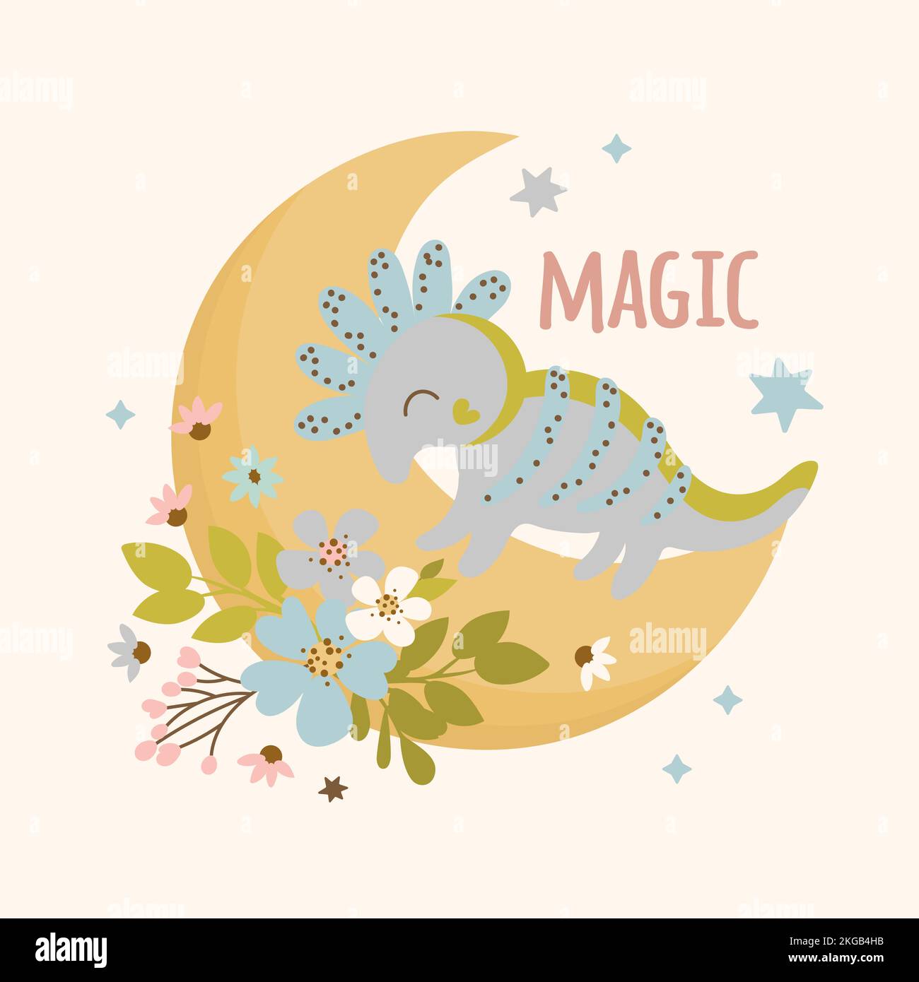 DINO BABY handgezeichnet flacher Grunge-Style Cartoon prähistorischer Tiermond Vektor Illustration Bekleidungsdruck Stock Vektor