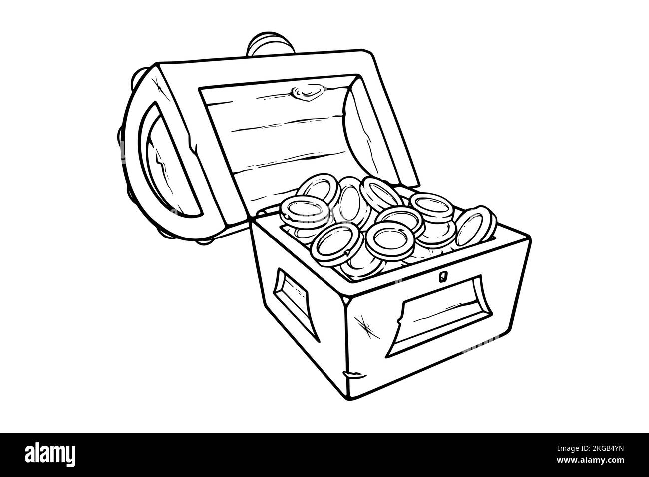 Schatztruhe mit goldenen Münzen öffnen. Holzkiste mit Geld für Spiele. Vektordarstellung isoliert auf weißem Hintergrund Stock Vektor