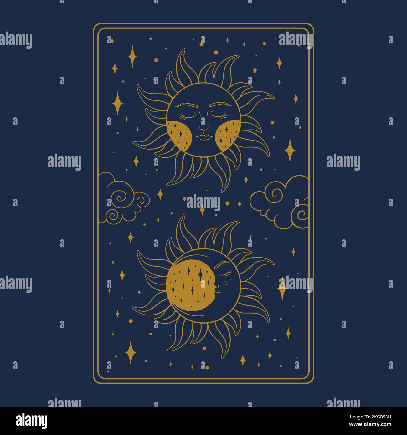 Tarot-ästhetische oracle-Karte. Okkultes Tarotdesign mit Himmelssymbolen. Vektordarstellung isoliert auf blauem Hintergrund Stock Vektor