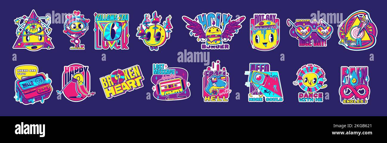 Farbenfrohe Retro-Aufkleber, schillernde psychedelische Symbole mit Pilzen, alte Kassette, Pager, Dinosaurier, Burger und Unendlichkeitsschild. Comic-Flicken, Vektor-Cartoon-Set isoliert im Hintergrund Stock Vektor