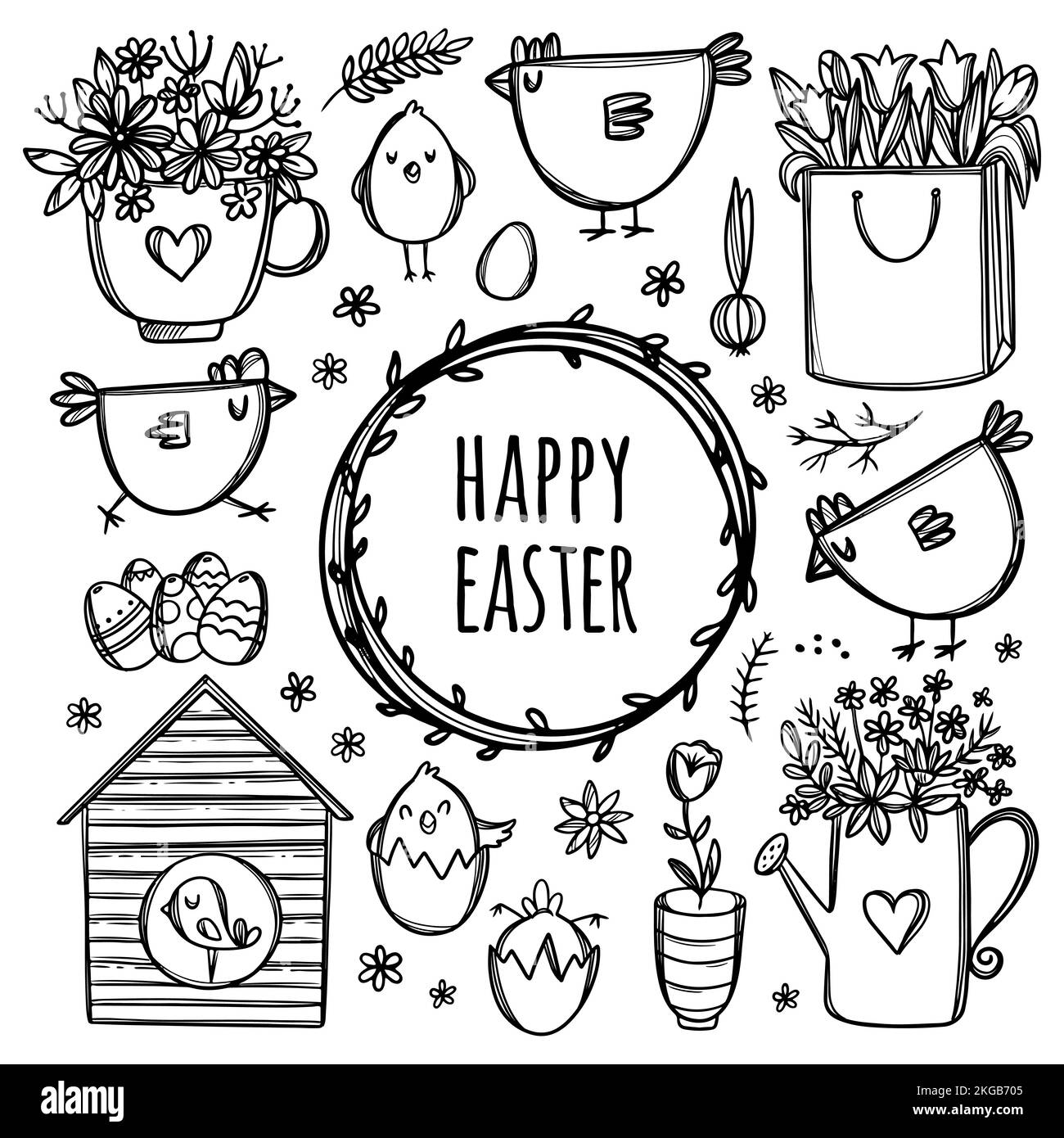 OSTERKOLLEKTION mit lustigen Hühnern, Hühnchen und Blumen für die Frühlingsferien – Monochromes, handgezogenes Cartoon Clip Art Vector-Set für P Stock Vektor