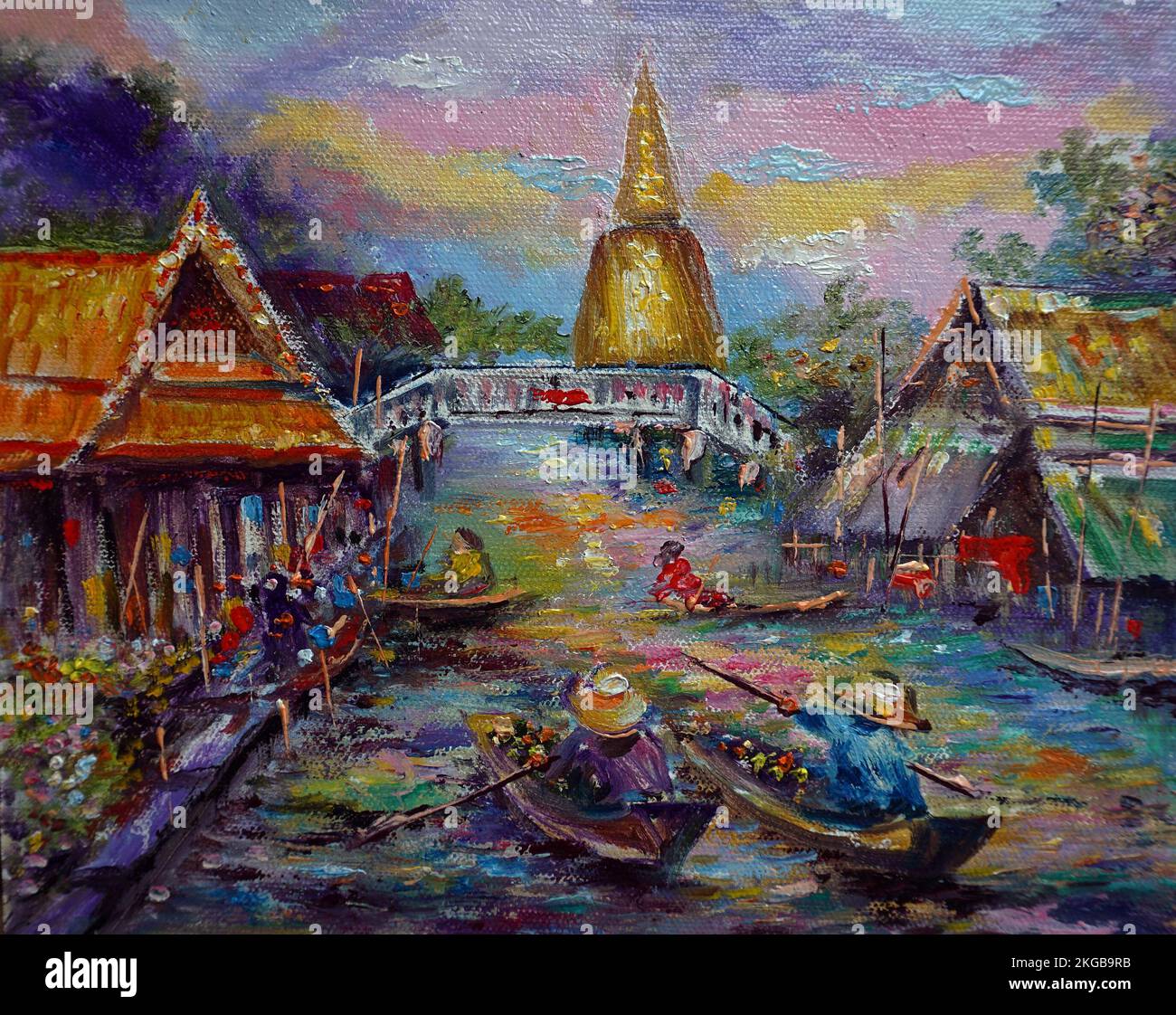 Malerölfarbe schwimmender Markt Thailand, Landschaft, lokale Lebensart, Landschaft Stockfoto