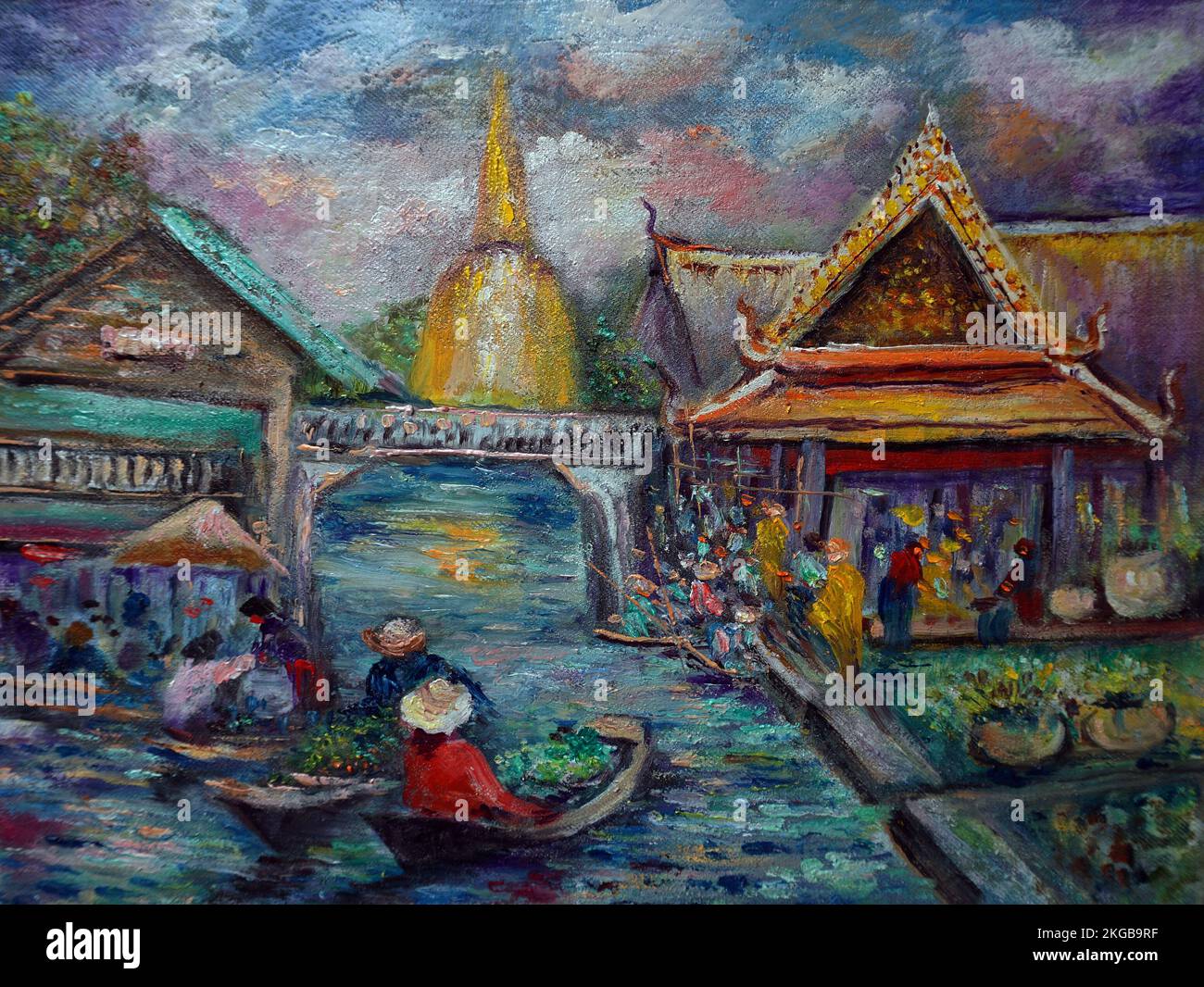 Malerölfarbe schwimmender Markt Thailand, Landschaft, lokale Lebensart, Landschaft Stockfoto