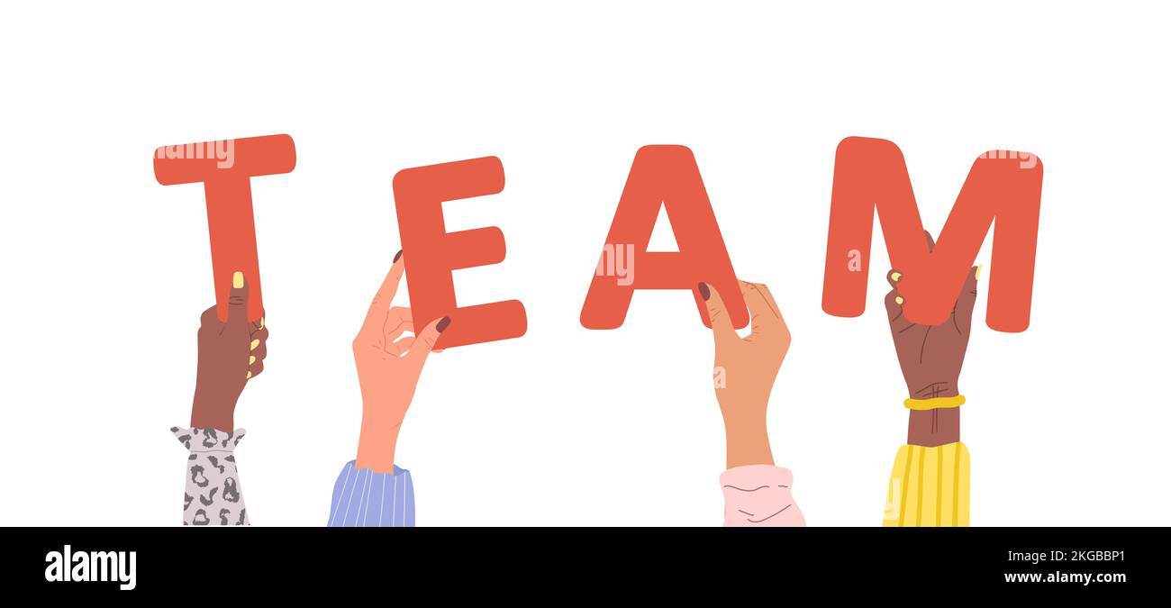 Gruppe verschiedener weiblicher Hände mit rotem Wort Team. Verschiedene multiethnische Menschen sind zusammen. Handgezeichnete Vektorgrafik im Cartoon-Stil Stock Vektor