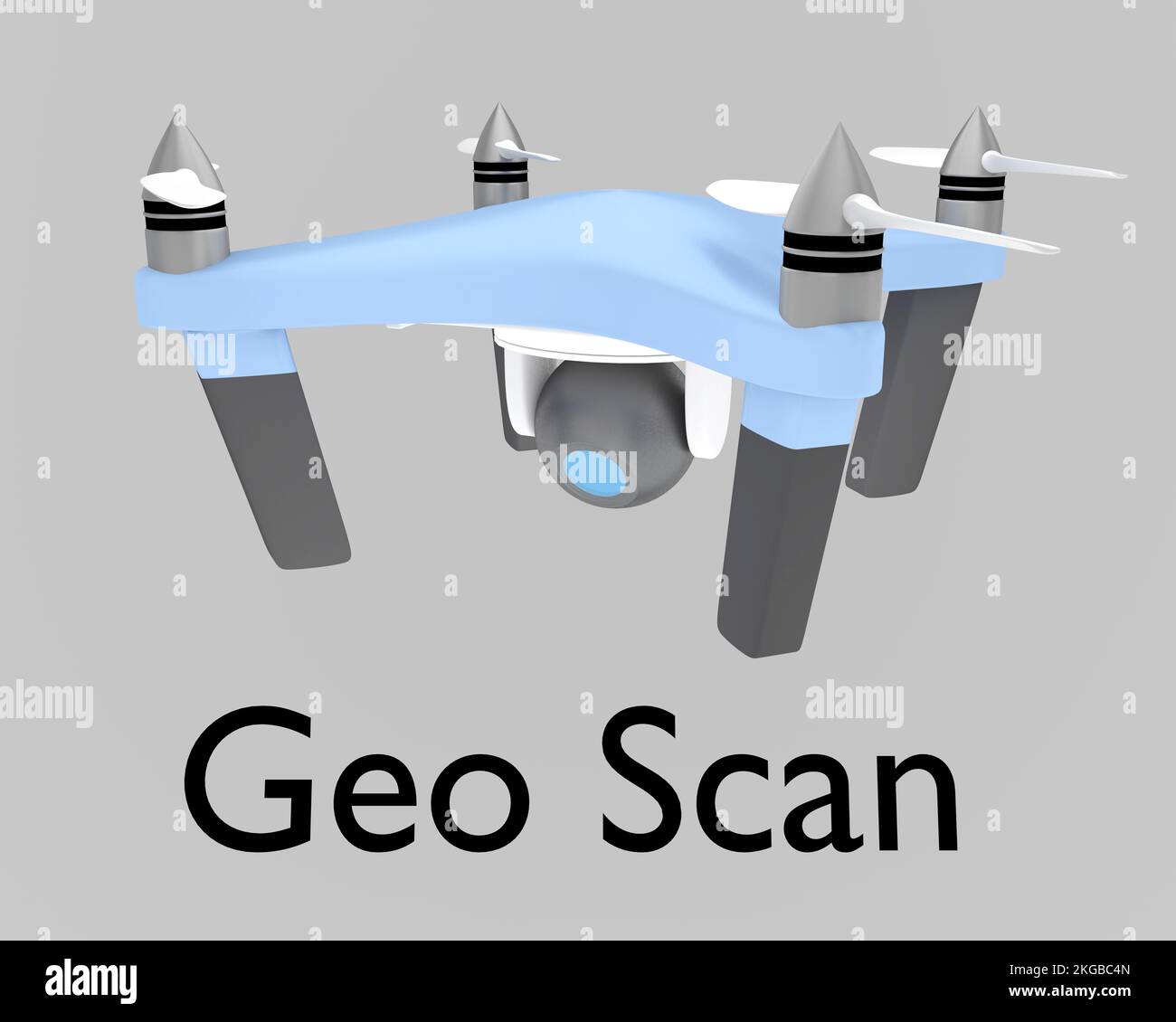 3D Abbildung: Geo-Scan-Titel unter einer Kameradrohne, isoliert über Grau. Stockfoto