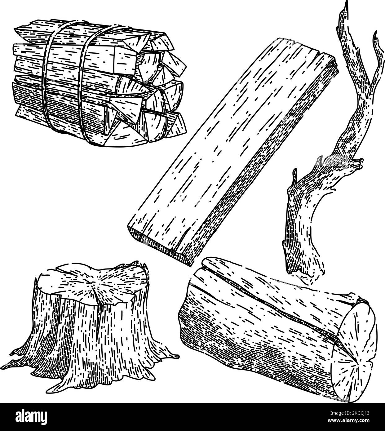 Holz Holzsatz Skizze von Hand gezeichneter Vektor Stock Vektor