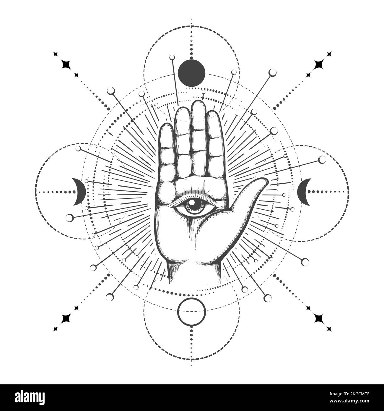 Esoteric Tattoo of Human Palm with All Sehen Eye on Sacred Geometry Background. Vektordarstellung Stock Vektor
