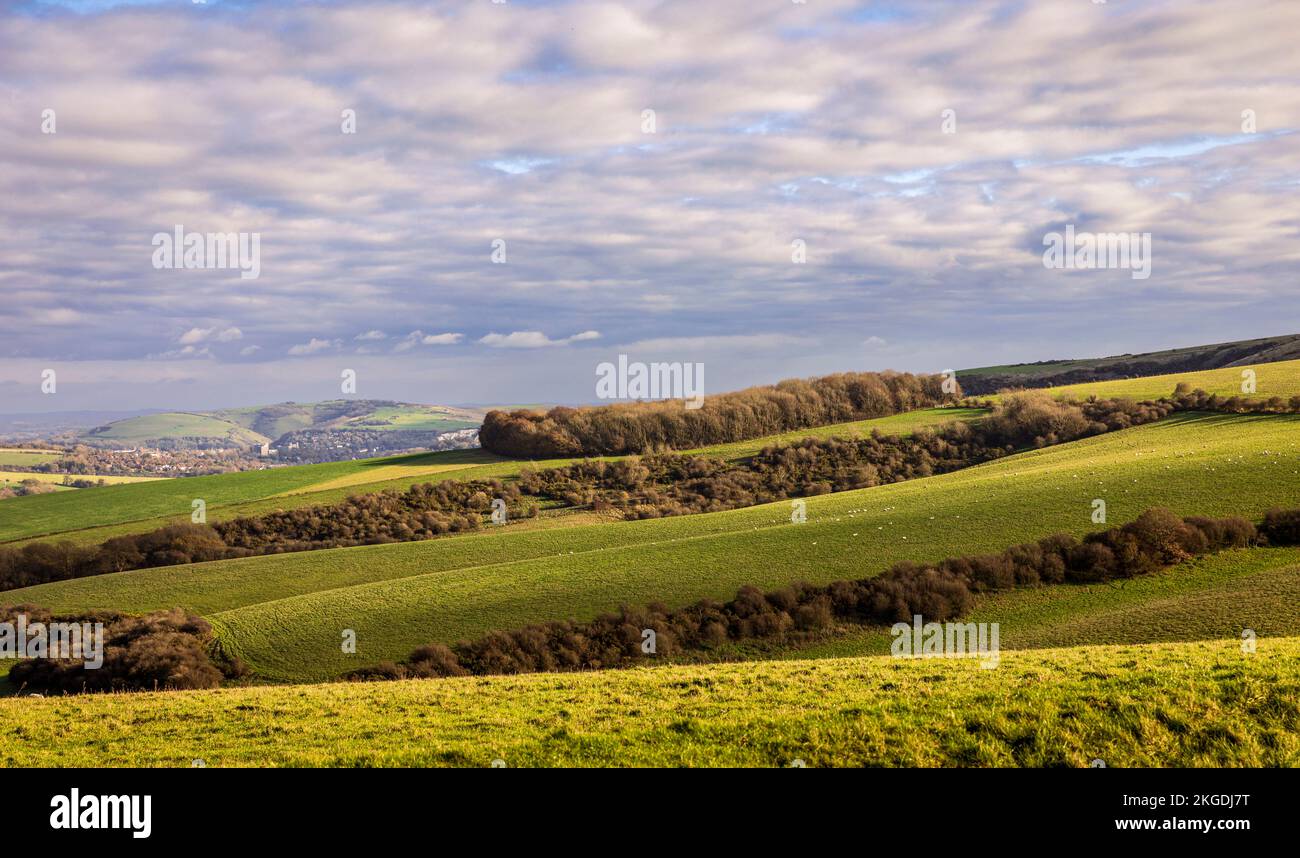 Wolken durchbrechen die herbstliche Landschaft der südlichen Tiefen entlang der Falmer Road Brighton East Sussex South East England. Stockfoto