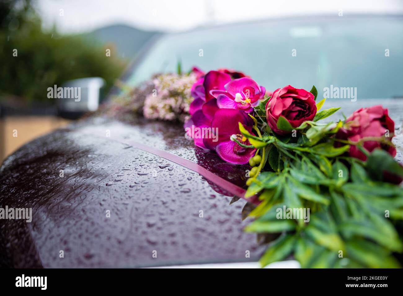 Wunderschönes Hochzeitsauto. Vor dem Luxusauto dekorierte rosa Blumen an einem Regentag. Regentropfen auf dem Auto. Hochwertiges Foto Stockfoto