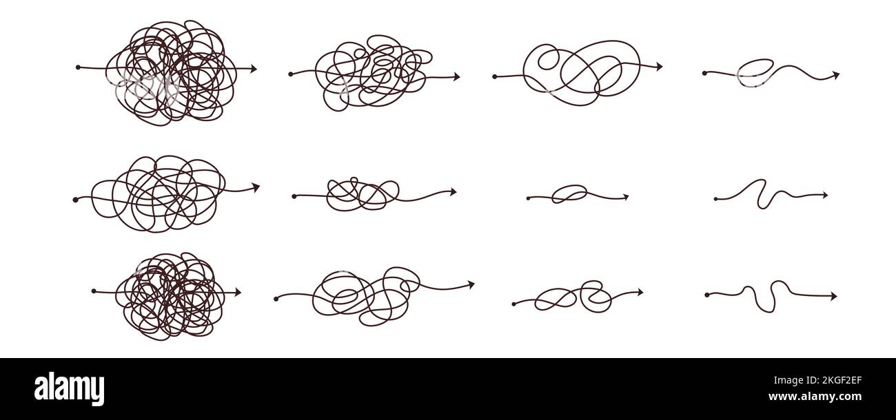 Einfache Linie und komplexe einfache Weise. Kritzeln Doodle Chaos Denkweise. Problemlösung, schwierige Linie. Vektor-Handgezeichneter Konzeptpfad Stock Vektor
