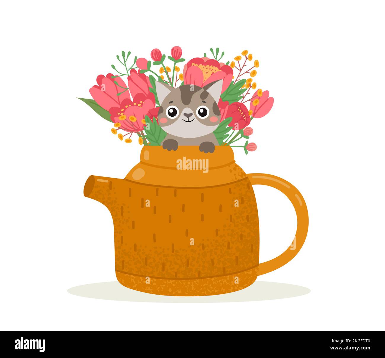 Süße Teekanne mit Blumenstrauß und Katze Stock Vektor