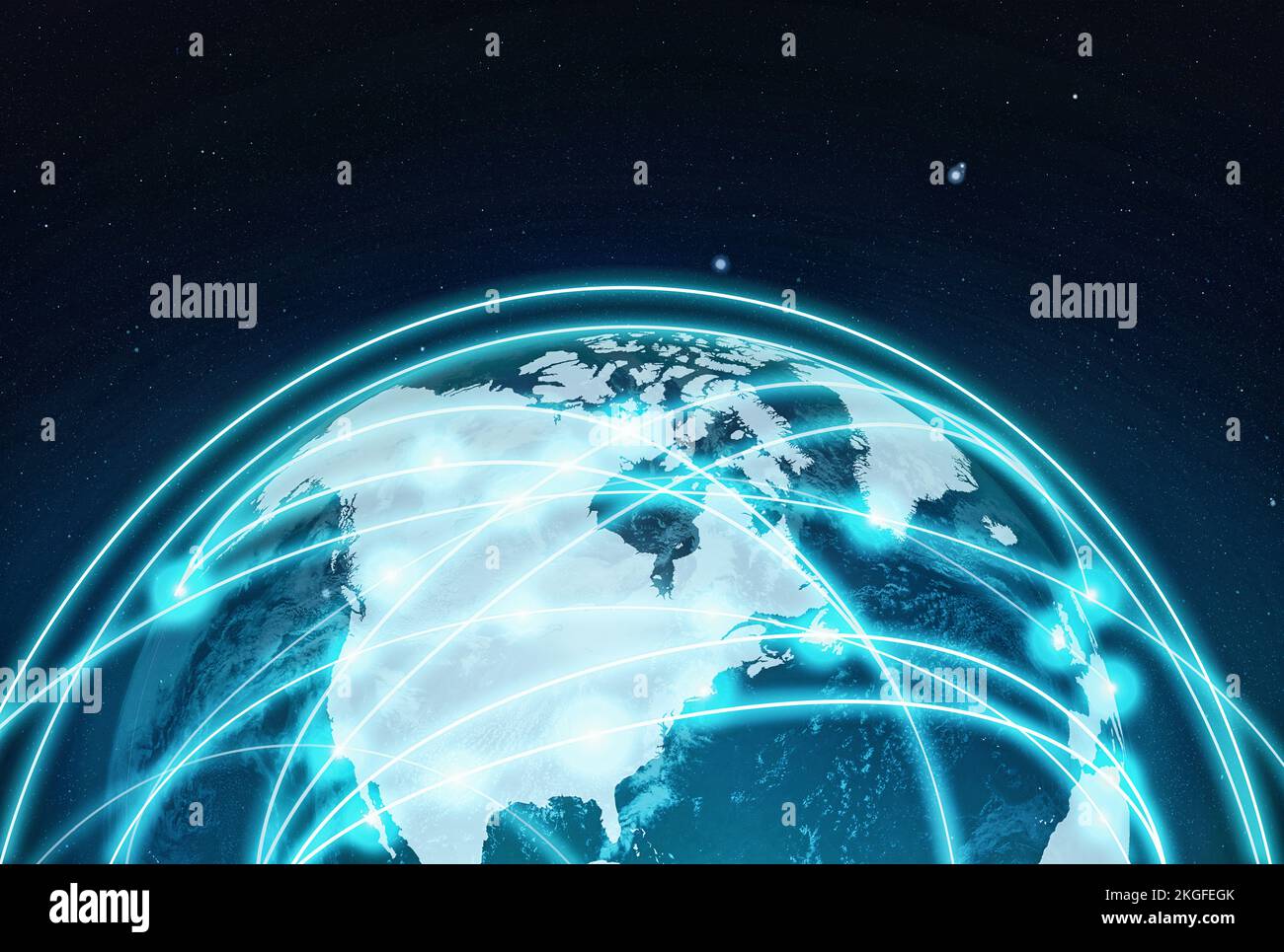 Die vernetzte Welt... Willkommen in der Zukunft. Eine abgeschnittene Sicht auf den Globus mit Ländern, die durch Informationsnetze miteinander verbunden sind. Stockfoto
