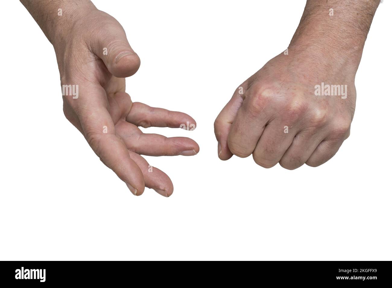 Die Geste der Hände eines Mannes während eines Streits auf einem tadellosen Hintergrund Stockfoto