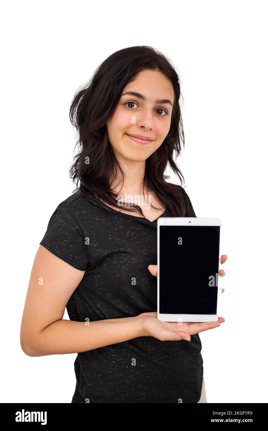 Hübsches Teenager-Mädchen hält schwarze Tafel. Ein Modell-Schulmädchen Stockfoto