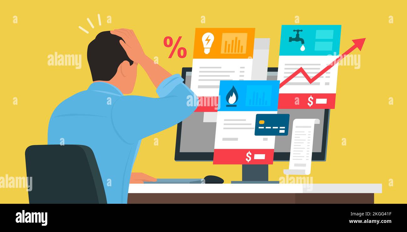 Schockiert besorgt Mann Überprüfung teure Rechnungen online auf seinem Computer, sparen Sie Geld auf monatliche Rechnungen Konzept Stock Vektor
