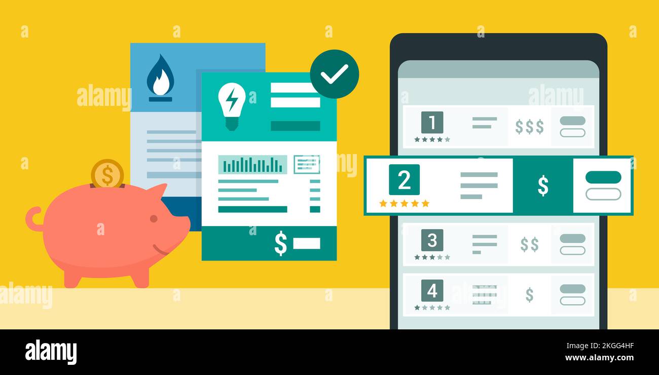 Vergleichen Sie Gas- und Strompreise, Energieversorger über Smartphone-App, günstige Stromrechnungen und Sparschwein Stock Vektor