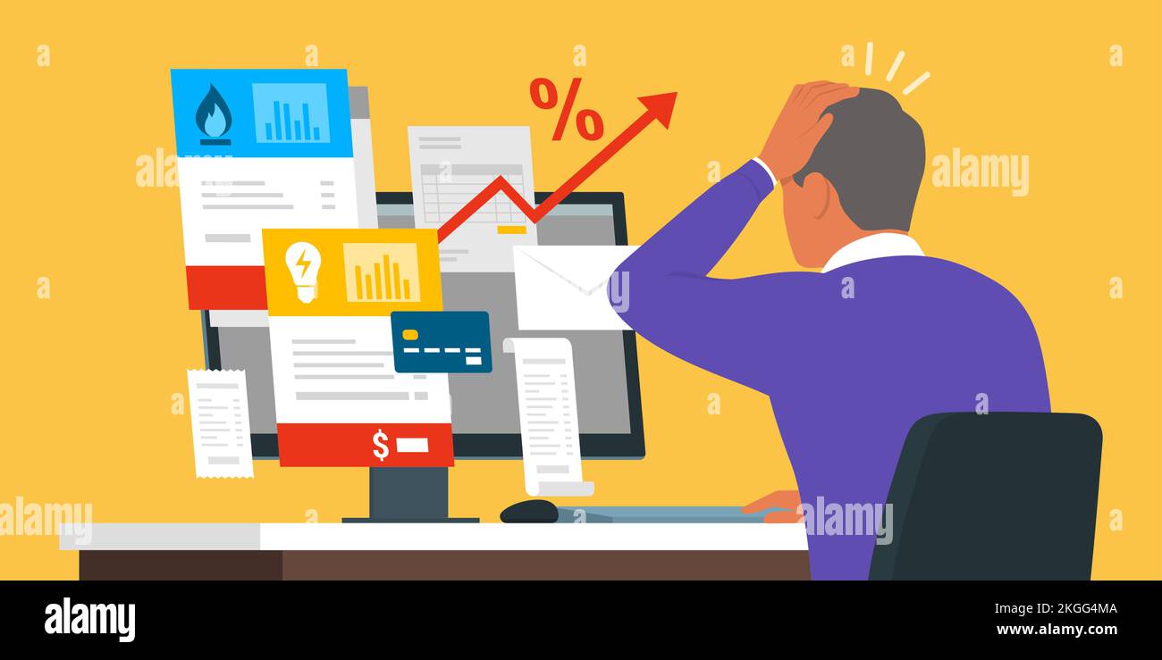 Schockiert Senior Mann Überprüfung teure Rechnungen online auf seinem Computer, Geld sparen auf monatliche Rechnungen Konzept Stock Vektor