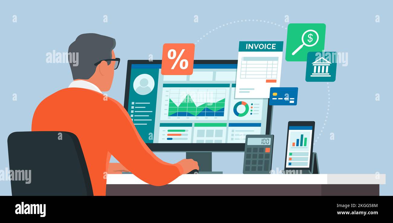 Ein Geschäftsmann, der am Schreibtisch sitzt und mit seinem Computer arbeitet, prüft Finanzkarten, Management und Online-Banking-Konzept Stock Vektor